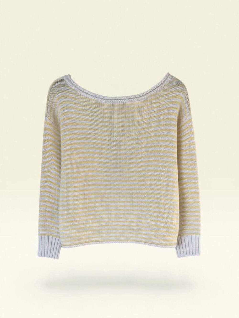 Cream & Yellow Striped Knit Sweater Boat Neck Long Sleeve Relaxed Fit